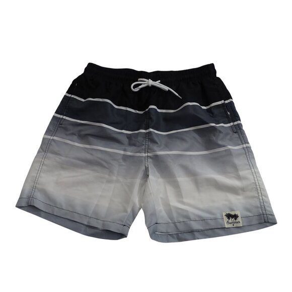 Shein Black Gray Stripe Swim Trunks Men Size M Mesh Lining Pockets - Picture 1 of 13